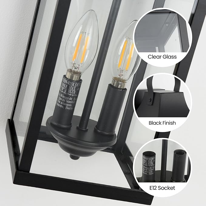 Outdoor Wall Sconces Set of 2, 15‘’ Black Outside Wall Mounted Light Fixture, Exterior Farmhouse Wall Sconce Lantern 2-Light, Modern Porch Lighting Exterior Lamp for House, 2 Pack