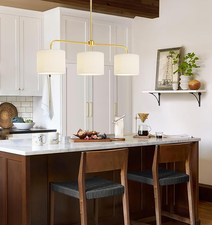 Electro bp 3-Light White Linen Drum Shade Chandelier with Polished Gold Metal Linear Pendant Light Fixture for Kitchen Island, Dining Table, E26, 180W