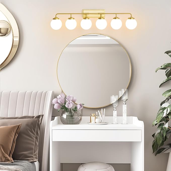 Bathroom Light Fixtures Gold Vanity Lights Over Mirror, Modern Wall Sconce Lighting 6-Light with White Glass Globe Shade