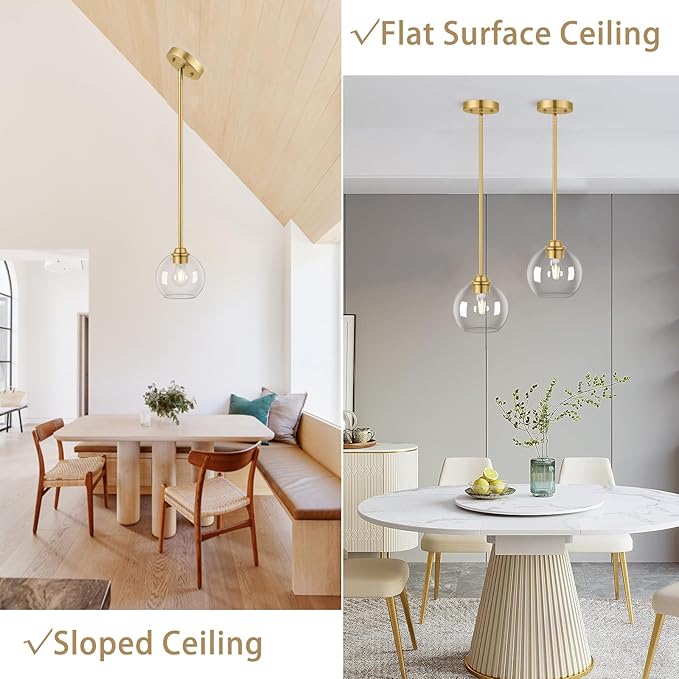 Gold Pendant Light Fixtures 2 Pack, Globe Pendant Lights with Clear Glass Shade,Pendant Lights Kitchen Island, Kitchen Pendant Lighting Over Island, Hanging Lights for Kitchen Island