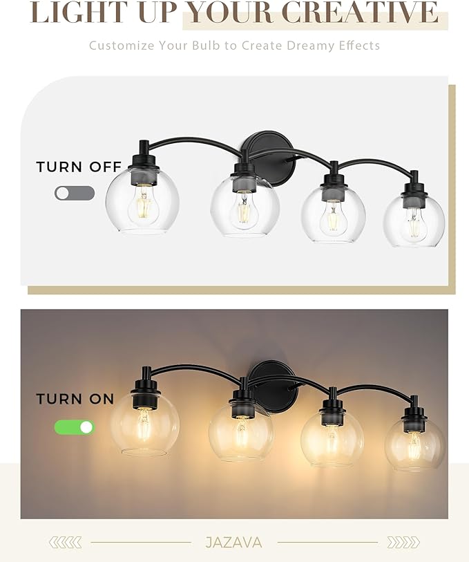 4-Light Vanity Light Fixture Over Mirror,Globe Bathroom Light with Clear Glass,Modern Black Wall Sconce,ZCVL02BK-4