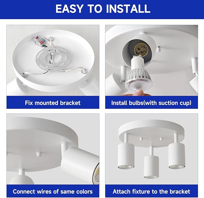 EGM 3 Light Track Lighting, White Round Track Lighting Fixtures, GU10 Flush Mount Directional Ceiling Light for Kitchen, Bedroom, Office, Picture Wall