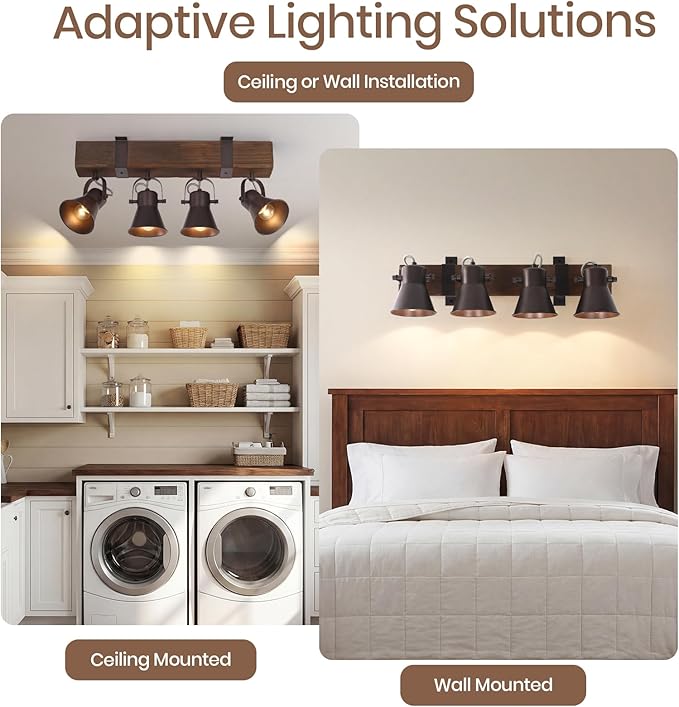 SEEBLEN 4 Light Semi Flush Mount Ceiling Light, Farmhouse Wooden Track Lighting Fixtures Ceiling, Rustic Kitchen Lights Ceiling for Island Dining Room Living Room.