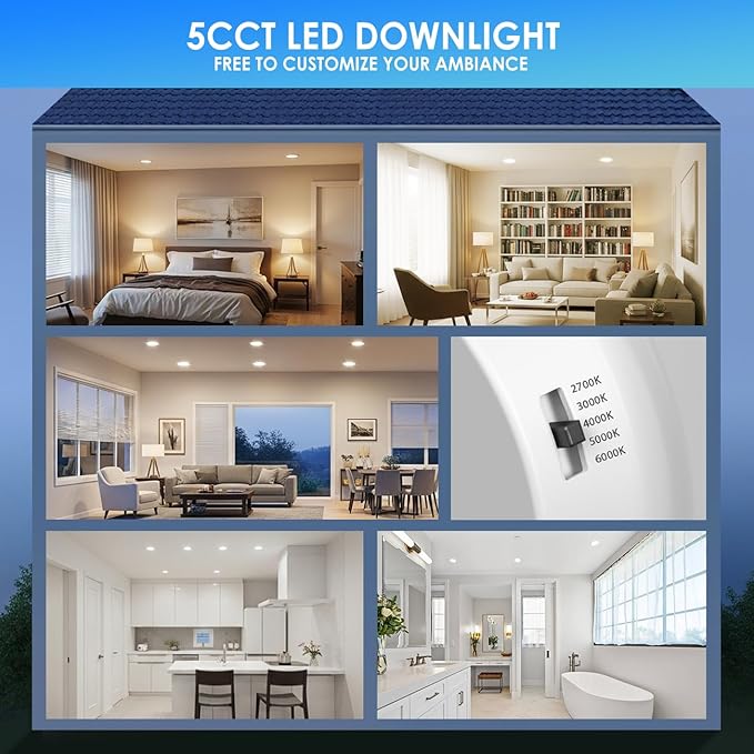 ANWIO Recessed Lighting 4 Inch, 16 Pack 5CCT Flat Retrofit LED Recessed Lights Can Needs, 2700/3000/4000/5000/6000K Selectable Can Lights 7W(85W Equivalent) CRI 80+ Dimmable E26 Base IC Rated & ETL