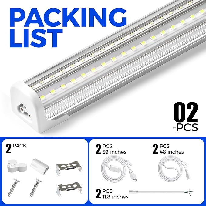 Barrina T8 LED Shop Lights for Workshop 4FT, 50W, 6500K, ‎Super Bright White, Clear Cover, Ceiling, V-Shape Shop Light Fixture, Garage, Warehouse, Basement, ETL Listed, 2 Packs