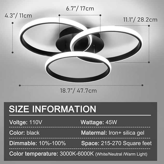 Modern Led Ceiling Light Fixtures with Remote Control, Dimmable Flush Mount Ceiling Light for Bedroom, Living Room, Dining Room, Kitchen (Black, 3000K-6500K)