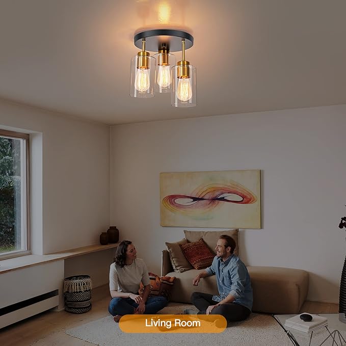 Flush Mount Ceiling Light 3-Light Black Semi Ceiling Light Fixture with Clear Glass Shades, Farmhouse Industrial Gold Brass Kitchen Ceiling Lights for Hallway Entryway Dining Roon Bedroom