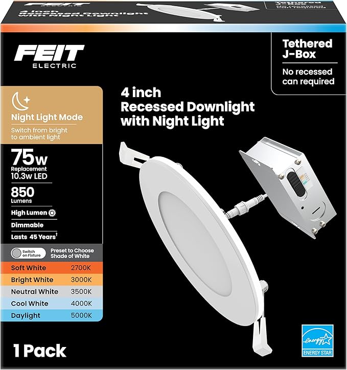 Feit Electric 4" LED Canless Recessed Downlight with Night Light Mode and Integrated J-Box, 75W EQ, Dimmable, 5CCT Selectable White, 90 CRI, 850 Lumens, 45-Year Lifetime, LEDR4XT/HO/NL5CCTCA4, 4 Pack