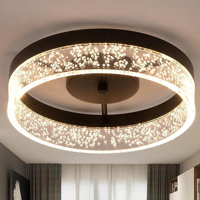 Jaycomey Modern LED Ceiling Light Fixture, 11.65" Black Flush Mount Kitchen Lighting with Clear Seeded Acrylic Lampshade,Round Ceiling Lamp Lights for Dining Room Foyer Hallway