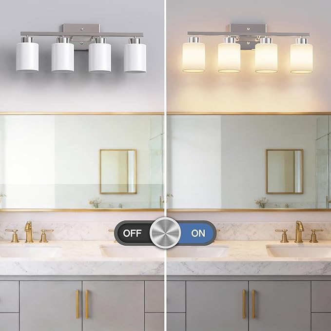 PARTPHONER 4-Light Brushed Nickel Bathroom Light Fixtures, Modern Vanity Light Over Mirror Lighting, Wall Sconce with Frosted Milky White Glass Shades for Bedroom Living Room Kitchen Hallway