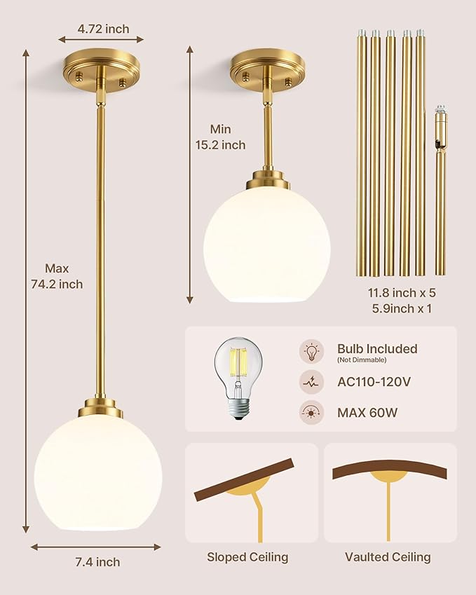 Majade Globe Pendant Lights Kitchen Island Pendant Light Fixtures 7.4 Inch Gold Mid Century Modern Globe Pendant Lighting with Milk Glass Adjustable Hanging Light Fixtures for Dining Room(2 Pack)