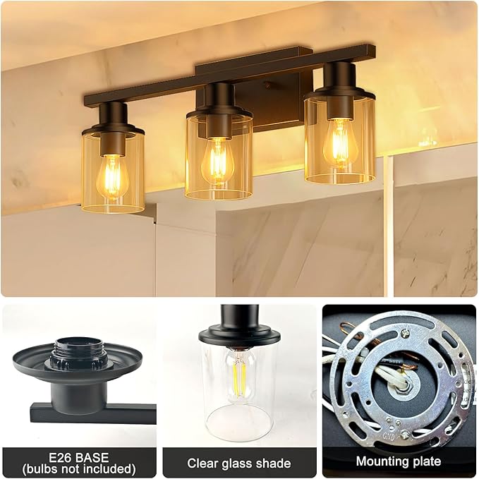 Lightdot Modern Bathroom Light Fixtures, 3 Light Vanity Lights, Black Wall Lamp with Clear Glass for Bathroom, Mirror, Living Room, Bedroom, Hallway, E26 Base-Black
