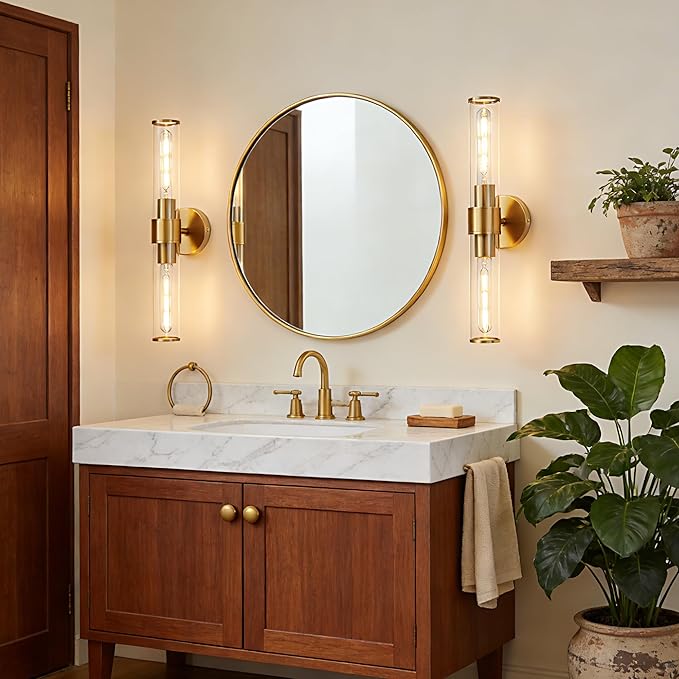 Gold Wall Sconce 2 Pack Hardwired, Bathroom Light Fixtures Clear Glass Featuring Two E26 sockets, Vanity Lights Fixtures for Bathroom, Dimmable - Bulb Not Included, UL Certification