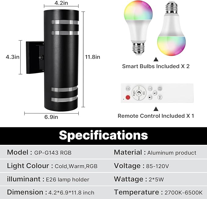RGB Up and Down Lights Outdoor Wall Lights 4 Packs, Smart Color Changing Outdoor Wall Sconce WiFi Voice & App Control,Aluminum Waterproof Exterior Lights for Porch Compatible with Alexa