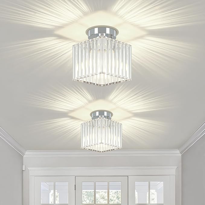 2-Pack Crystal Semi Flush Mount Ceiling Light Modern Chrome Small Square Ceiling Light Fixture Entryway Chandelier for Kitchen Bedroom Bathroom Hallway Laundry, 7.24Inch