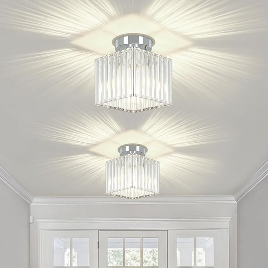 2-Pack Crystal Semi Flush Mount Ceiling Light Modern Chrome Small Square Ceiling Light Fixture Entryway Chandelier for Kitchen Bedroom Bathroom Hallway Laundry, 7.24Inch