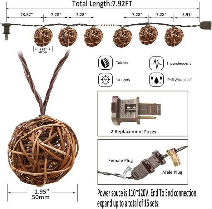 LIDORE Rattan Christmas String Lights, 10 Counts Mini Natural Globe Rattan Ball, Wicker Lights for Patio, Wedding, Garden, Party, Home Decor, Indoor Outdoor use, 7.92Ft (Rattan + Brown Cord)