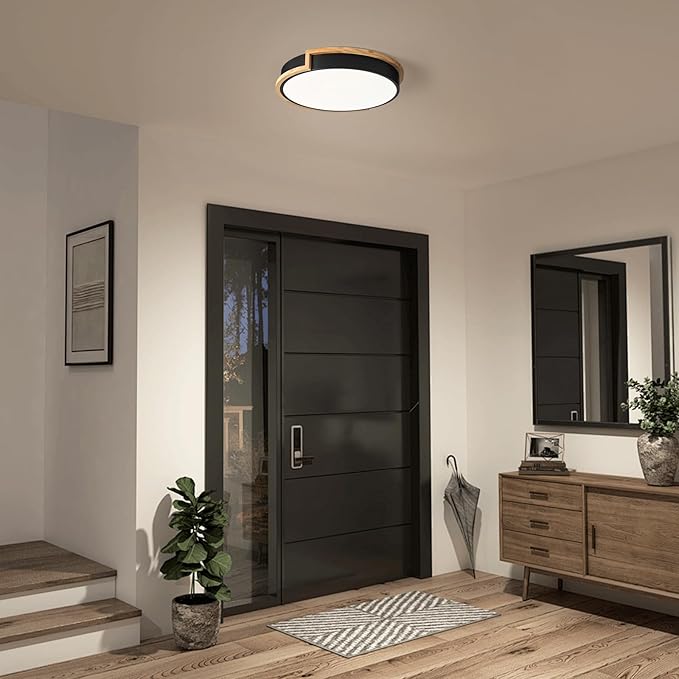 Modern Dimmable LED Flush Mount Ceiling Light Fixture,Round Close to Ceiling Lighting,Matte Black with Wood Accent,Minimalist Kitchen Light Fixtures for Bedroom,Entryway,Living Room,15.75in