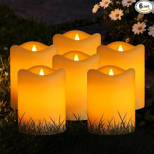 Solar Powered Candles Outdoor 6 Pack, 3"x4" IP65 Waterproof Rechargeable Solar LED Lights, Dusk to Dawn Sensor Pillar Candles for Weddings, Events, Party Decor, Garden Pathway, Yard & Patio