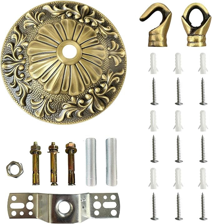 5.51" All Copper Ceiling Canopy Cover Plate, Black & Gold Retro Solid Brass Carved Heavy Duty Chandelier Canopy Fixing Base, Light Canopy Kit, Chandelier Parts with Dual Types Ceiling Hooks for Lights