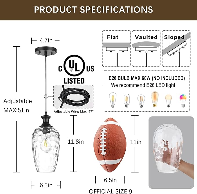 Glass Pendant Lights Kitchen Island, 1-Light Black Pendant Light Fixtures with Hand-Blown Clear Glass, Farmhouse Hanging Light for Kitchen Sink Dining Room Bedroom, E26