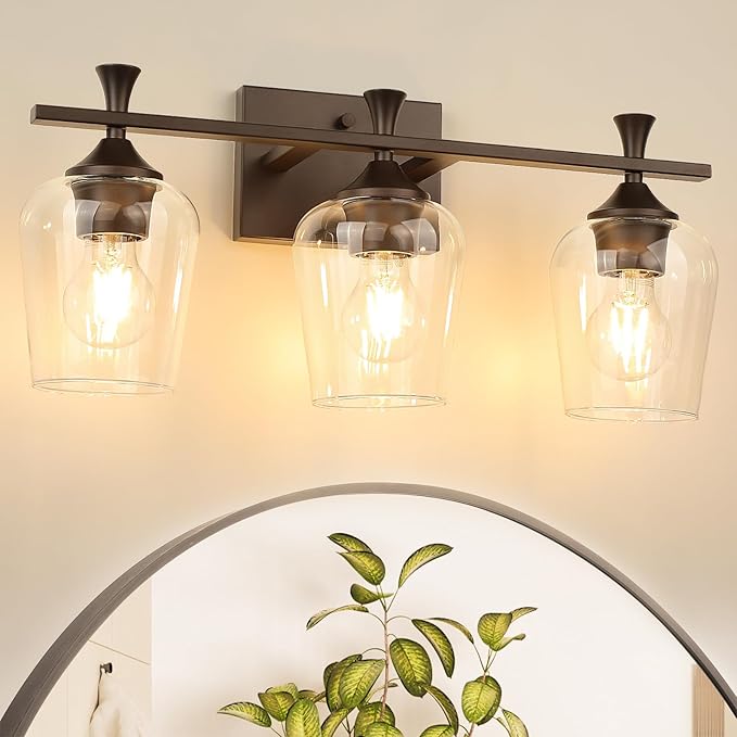 3 Light Bathroom Vanity Light - Coffee Bathroom Lighting Fixtures Over Mirror, Modern Wall Sconces with Transparent Glass Lampshade for Bedroom Living Room Kitchen Cabinet Stair Hallway