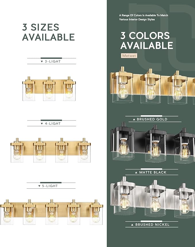Bathroom Light Fixtures Over Mirror, 3-Light Brushed Gold Vanity Light with Square Clear Glass Shade, Modern Wall Sconces, Vanity Lighting Fixtures, VL194-BG-3