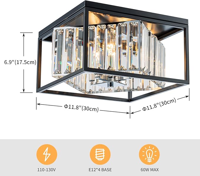 LumFurn 4-Lights K9 Crystal Ceiling Light, Close to Ceiling, 2-Tier Square Flushmount Light Fixture for Living Room, Foyer, Bedroom, L12 x W12 x H7, Clear Crystal, Black & Chrome Finish