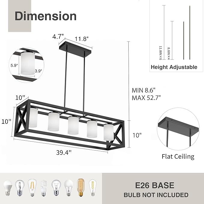 Espird Black White Dining Room Light Fixture - 5 Light Rectangle Light Fixtures with Milk White Glass Shade & Adjustable Height & Thickened Metal Dining Table Lights Fixture Chandeliers for DiningRoom