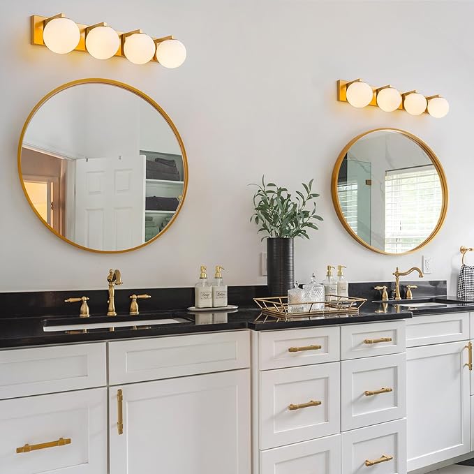 Lingkai Gold Bathroom Light Fixtures,4-Light Bathroom Vanity Light Over Mirror,Mid Century Modern Vanity Lighting Fixtures with Milky White Glass Globe Shades,33 Inch Wall Sconce Lamp