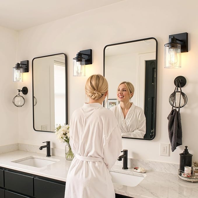 DORESshop Wall Sconces Set of 2 for Bathroom, Modern Vanity Light Fixtures with Clear Glass Shade, Black Wall Mount Lighting Lanterns for Bedroom Living Room Mirror Hallway Kitchen