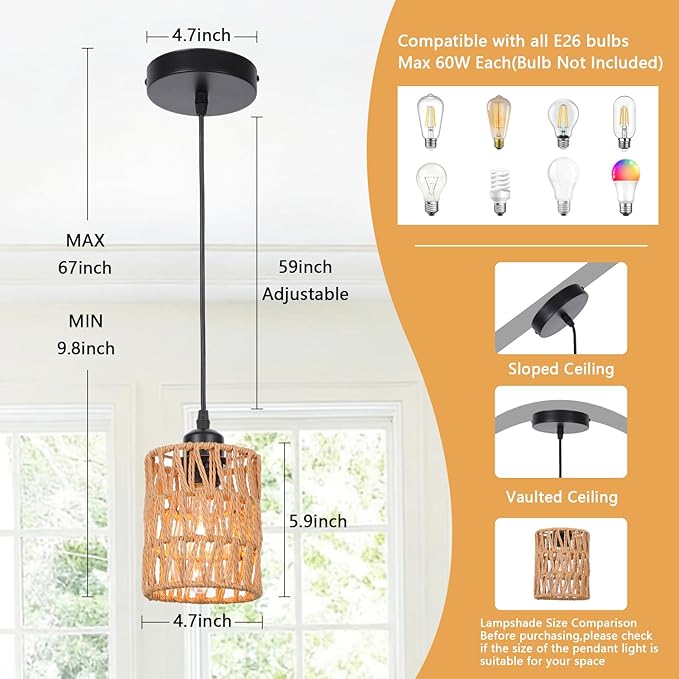 Rattan Pendant Lights Kitchen Island, 3 Pack Farmhouse Chandelier Lighting with Hand Woven Wicker Shade, Boho Pendant Light Fixtures Ceiling Hanging for Dining Room Bedroom Foyer Hallway