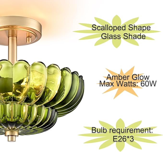 Semi Flush Mount Ceiling Light Fixture, Green Glass 3-Light Modern Vintage Ceiling Lights, Scalloped Close to Ceiling Light, Gold Base Flush Mount Ceiling Light for Hallway Bedroom Entryway Kitchen