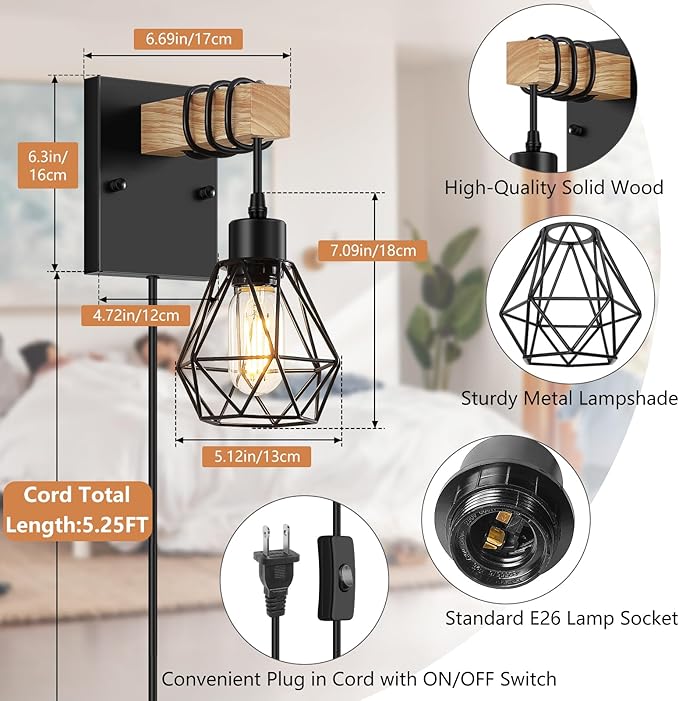 Lomoky Plug in Wall Sconces Set of Two, Vintage Wood Wall Lamps with Plug in Cord, Farmhouse Wall Light Fixture with 5.25FT On/Off Switch Cord, Indoor Sconces Lighting for Bedroom Living Room
