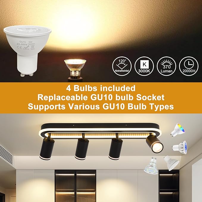 LED 4 Light Track Lighting Spotlight Kit, Black Ceiling Spotlights, Modern Track Light Fixture with Flexibly Rotatable Light Heads, 50W+20W Dual Lighting for Kitchen Living Room,Includes 4 x GU10 Bulb