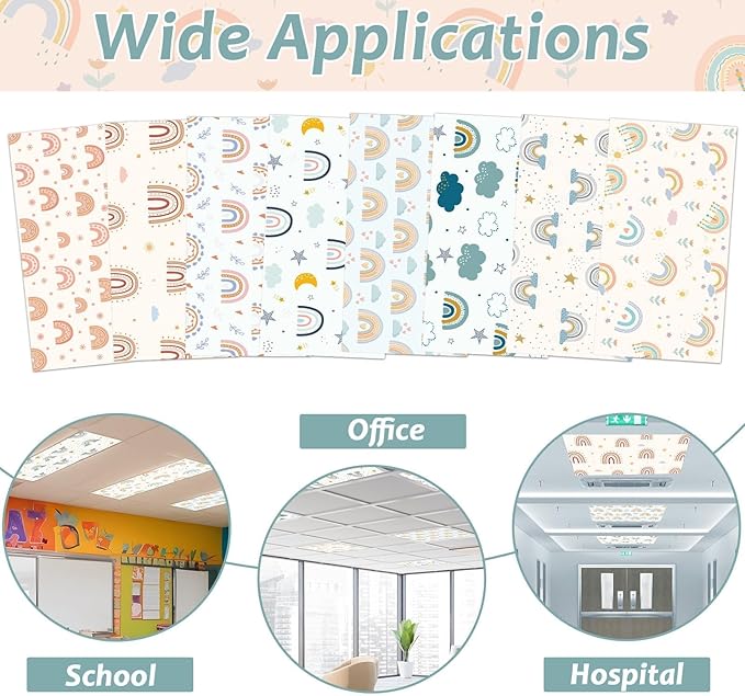 8 Pcs Fluorescent Light Covers with 80 Magnets Decorative for Classroom Ceiling Light 4x2 Feet Magnetic Light Covers Filter Easy Install for Office Hospitals & Home Drop Ceiling Supplies(Boho Rainbow)