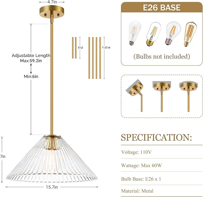 15.7 Inch Modern Pendant Lights, Ribbed Clear Glass 1-Light Single Pendant Lighting Fixtures, Cone Minimalist Ceiling Hanging Light for Kitchen Island Dining Room Over Sink Table Hallway