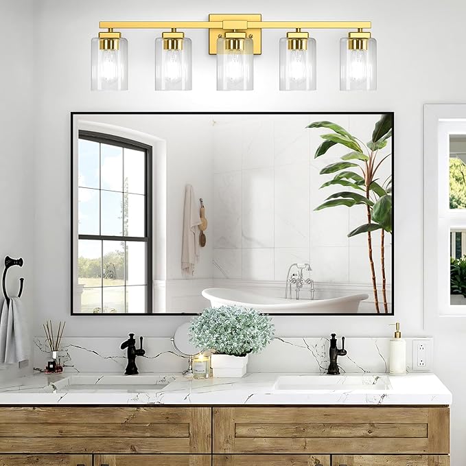 BesLowe 30" 5-Light Bathroom Light Fixture, Gold Bathroom Vanity Light, Bathroom Lighting Fixtures Over Mirror, Gold Bathrom Wall Lamp, Wall Lights for Living Room Bedroom Hallway