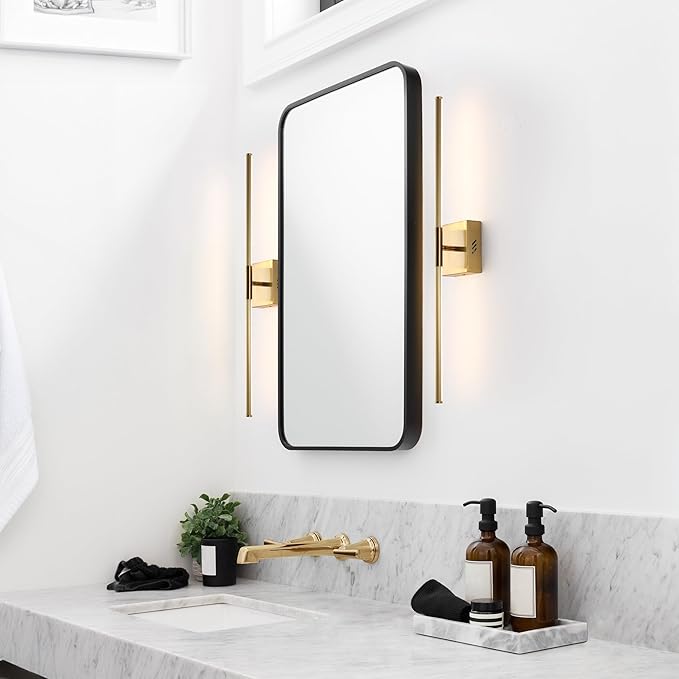 JONATHAN Y 28" Brass Gold Modern Dimmable Integrated LED Wall Sconce, Metal Vanity Light for Bathroom Mirror Bedroom Hallway, Sleek Hardwired Wall Lamp Fixture, 3000K (JYL7022B-SET2)