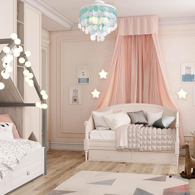 13.8" Natural Capiz Shell Chandelier 3 Light Mini Chandelier Boho Ceiling Light Entryway Light Fixture for Girls' Bedroom Hallway Living Room Dinning Room Brushed White Bulb Included