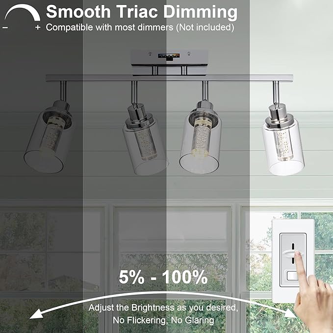 MELUCEE 5-Color Dimmbale Track Lighting Fixtures Ceiling 4-Light LED Track Lighting Kit Chrome Rotatable Spotlight Ceiling Mount Bathroom Wall Sconces, Kitchen Tracking Lights, Clear Glass Shade