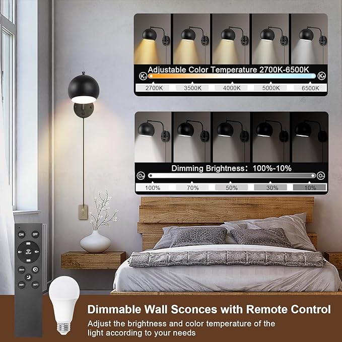 VATONI Wall Sconce with Remote Control, Dimmable Plug in Wall Sconces and Adjustable Color Temperature 2700K~6000K, Globe Swing Arm Wall Lights with Plug in Cord(2 Pack, 2 Bulbs)