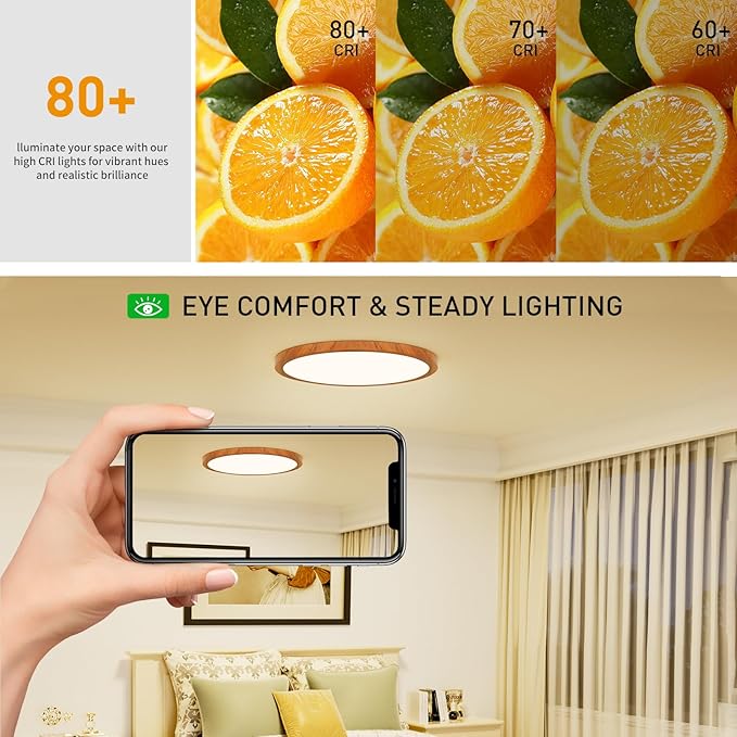 Light Fixtures Ceiling Mount: 12 Inch 24W Wood Grain 3CCT LED Ceiling Light 3000K-4000K-6000K Selectable Flat Round Lights for Bedroom Laundry Closet Hallway - Walnut Set of 2