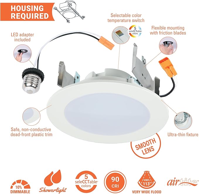 HALO HLBT 6 Pack 4 in LED Recessed Lights Slim Trim Retrofit Selectable Color Temperature 2700K, 3000K, 3500K, 4000K, 5000K Dimmable Indoor Outdoor Wet Location HLBT407FS5-6pk
