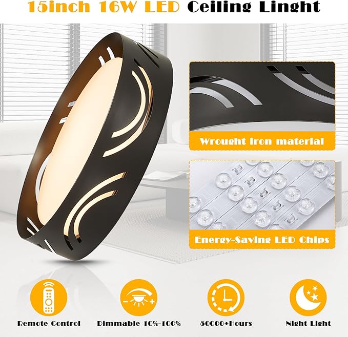 Modern Dimmable LED Flush Mount Ceiling Light with Remote, 2400LM 2700K-6500K Adjustable 12 Inch Bedroom Ceiling Light with Night Light for Kitchen Hallway Bathroom Living Room (Black, Arc