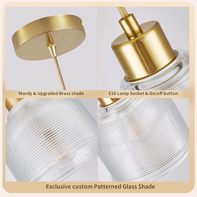 2Pack Industrial Pendant Lighting, Modern Clear Glass Shade Farmhouse Adjustable Hanging Light Fixtures for Kitchen Island Living Room Bedroom Hallway Gold and Clear