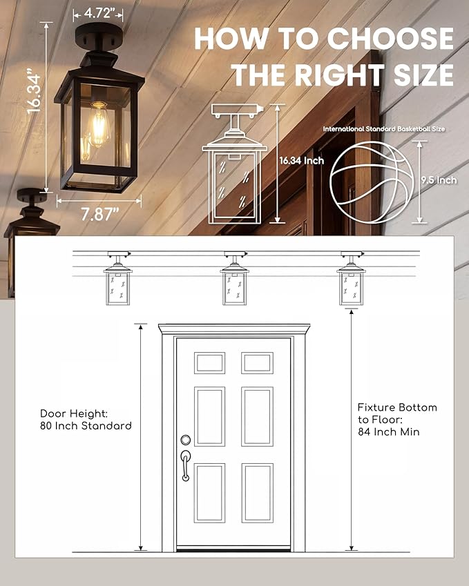 FEMILA Semi Flush Mount Ceiling Light, Dusk to Dawn 16" Matte Black Semi Flush Mount Ceiling Light, E26 Base, for Entryway, Garage, Patio, Farmhouse, ETL Listed, 4FYX88F-L SE BK