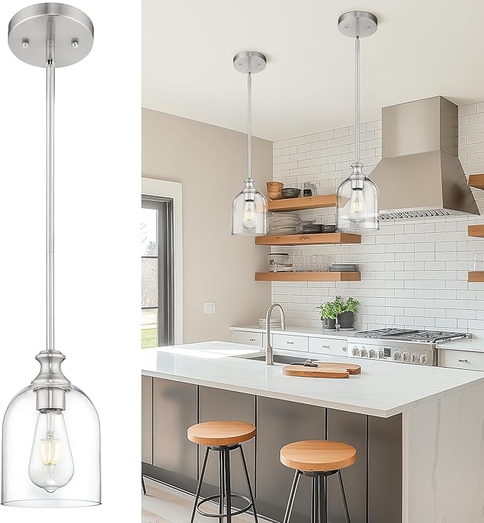 AUTELO Brushed Nickel Pendant Lights, 1-Light Kitchen Pendant Lighting with Clear Cylinder Glass, Modern Pendant Lights Kitchen Island with Adjustable Rods, H2511 CLST