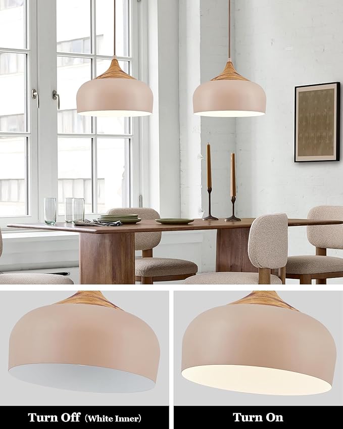 ELYONA 12 Inch Modern Pendant Light for Kitchen Island Farmhouse Hanging Lamp with Faux Pine Wood Grain Metal Shade, Adjustable Wabi Sabi Boho Ceiling Fixture for Dining Room Bedroom,Light Brown