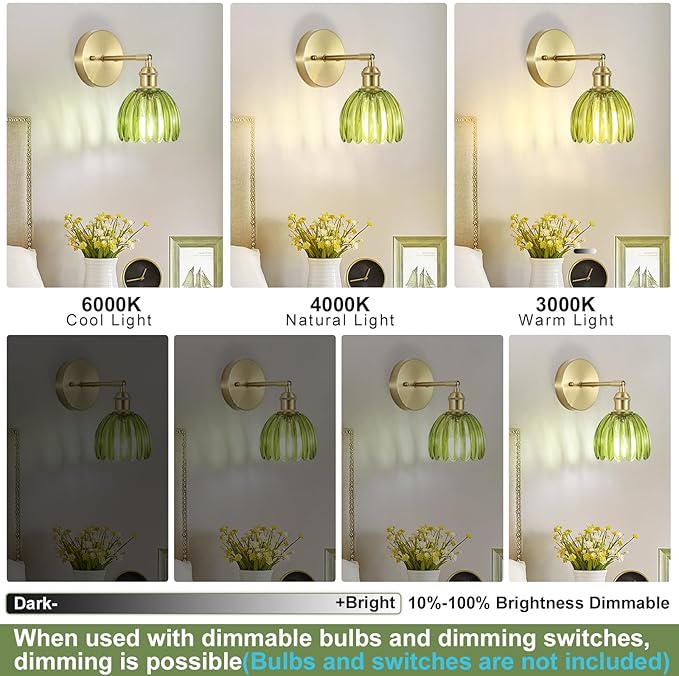 Hardwired Wall Sconces Set of Two, Vintage Wall Lights with Green Tulip Glass Lampshade, Gold Wall Lamps for Bedroom Bedside Stairway Bathroom Living Room (Bulbs Not Included, Not Battery Powered)